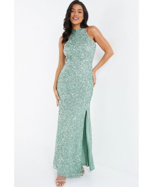 Women's Sequin High Neck Evening Dress