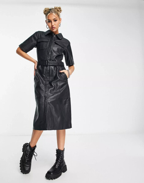 Urbancode real leather midi shirt dress in black