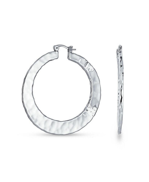 Boho Style Fashion Textured Hammered Flat Large Hoop Earrings For Women For Silver Plated Brass 2 Inch