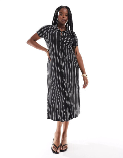 ASOS DESIGN Curve short sleeve button through midi dress in black stripe