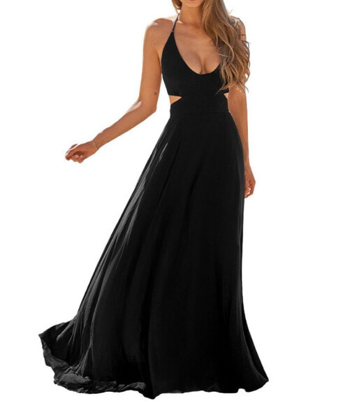 Women's Black Plunging Halterneck Cutout Maxi Beach Dress