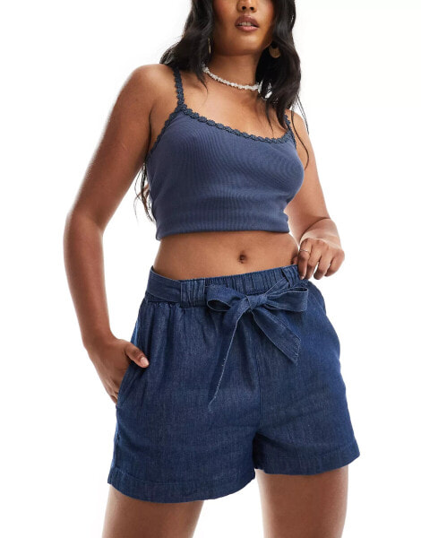 JDY chambray tie front short in indigo