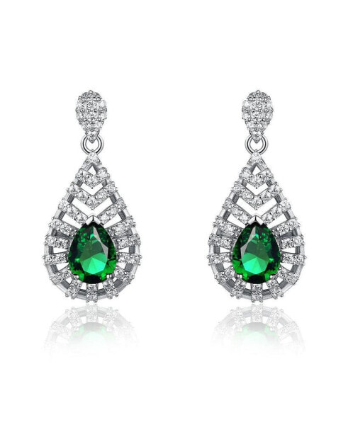 Sterling Silver Clear and Green Cubic Zirconia Accent Drop Earrings