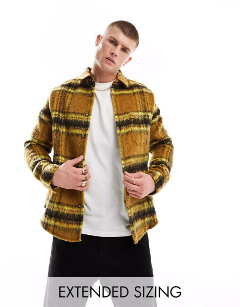 ASOS DESIGN overshirt in hairy wool look mustard check