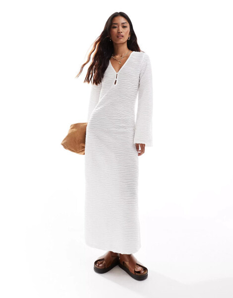 Vila textured buttondown midi dress in snow white