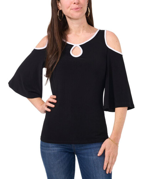 Petite Keyhole Cold-Shoulder Trimmed Top