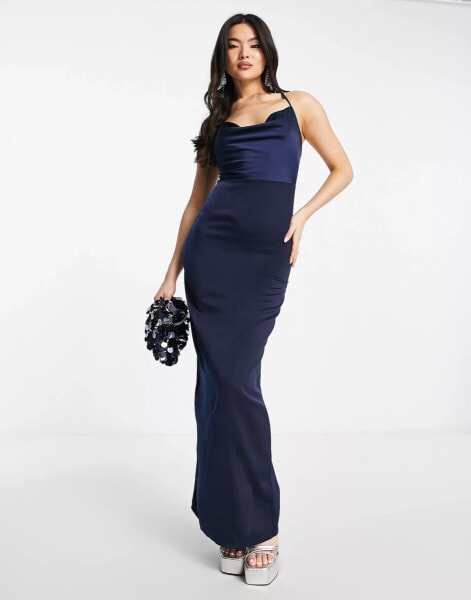 NaaNaa cowl neck satin maxi dress in navy