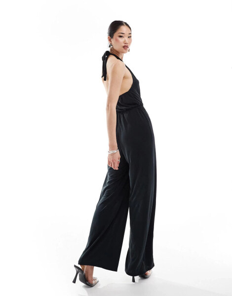 Vila slinky halterneck wide leg jumpsuit in black