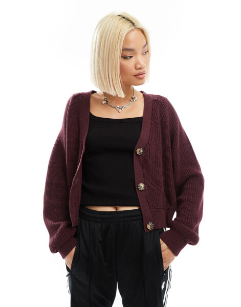 Monki cable rib knitted cardigan in burgundy