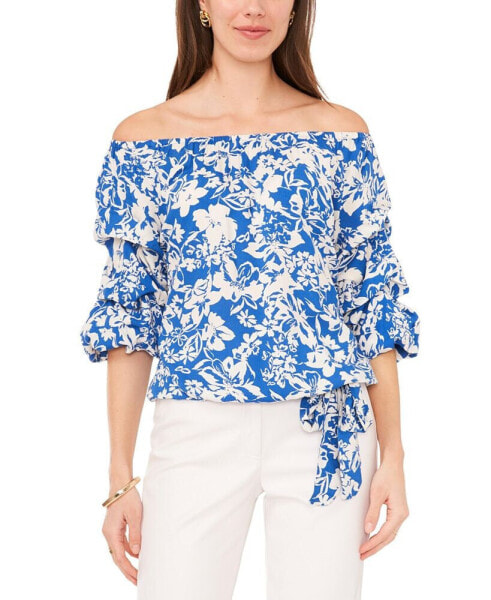 Women's Floral Off The Shoulder Bubble Sleeve Tie Front Blouse