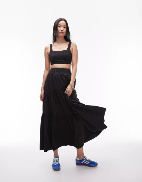 Topshop co-ord taffeta tiered maxi skirt in black