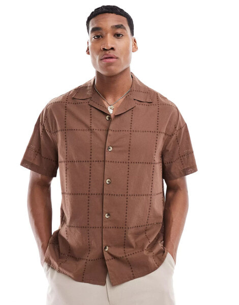 ASOS DESIGN relaxed revere shirt in checkerboard broderie in brown