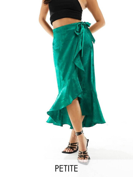 Flounce London Petite satin wrap midaxi skirt in emerald green