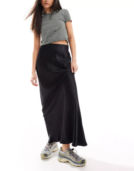 Stradivarius satin maxi skirt in black