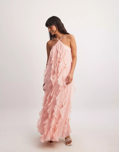 NA-KD structured chiffon ruffle maxi dress in pink