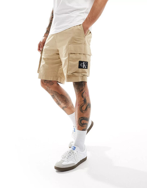 Calvin Klein Jeans badge cargo shorts in beige