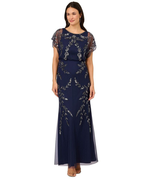 Women's Beaded Flutter-Sleeve Blouson Gown