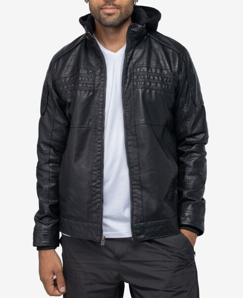 Men's Grainy Polyurethane Leather Hooded Jacket with Faux Shearling Lining