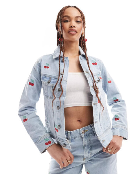 Lee Rider all over cherries denim jacket in light wash CO-ORD