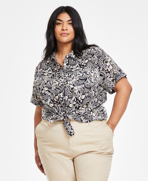 Plus Size Cotton Cuffed-Sleeve Camp Shirt