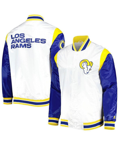 Men's White Los Angeles Rams Throwback Warm Up Pitch Satin Full-Snap Varsity Jacket