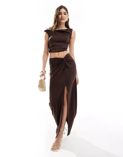 4th & Reckless twist detail thigh split maxi skirt co-ord in brown