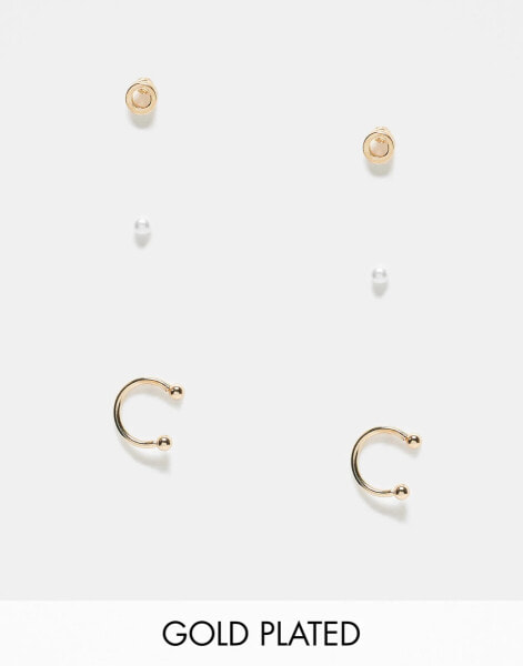 Pieces 3 pack faux pearl earrings with studs and ear cuff in gold