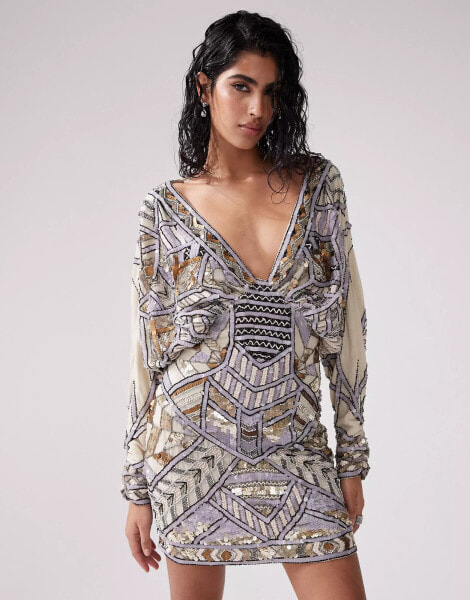 ASOS DESIGN embellished batwing mini dress in stone