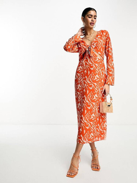 Pretty Lavish long sleeve tie midaxi dress in orange zebra