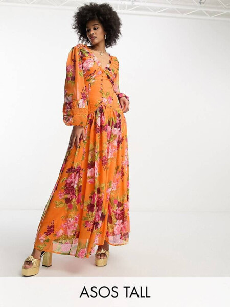 ASOS DESIGN Tall button through pintuck maxi dress with lace inserts in orange floral print