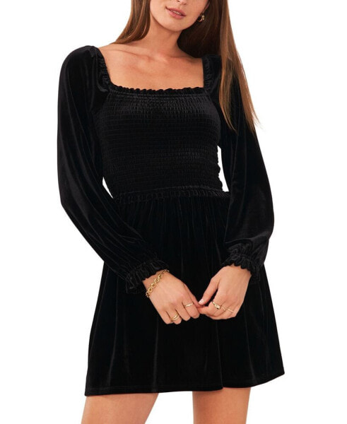 Women's Velvet Smocked Bodice Long Sleeve Dress