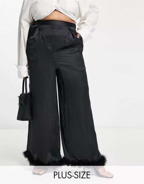 Yours Exclusive co-ord fluffy trim satin wide leg trousers in black