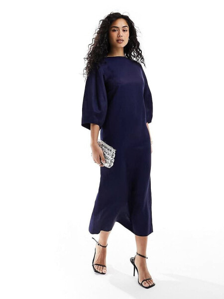 & Other Stories blend midaxi column dress with sculptural sleeves in dark blue