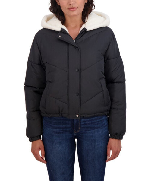 Women's Junior's Faux Fur Lined Puffer Jacket with Hood