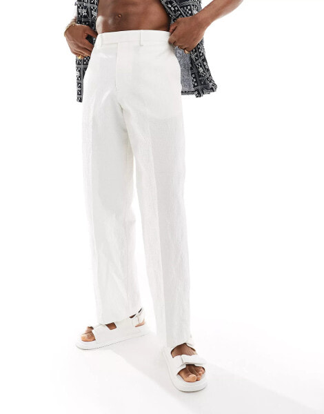 ASOS DESIGN smart wide leg textured fabric trousers in white