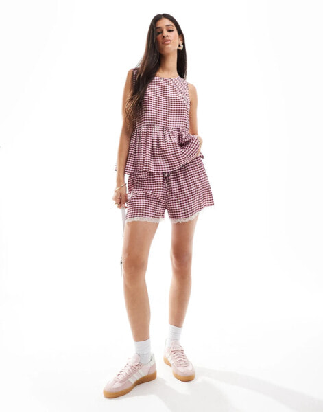 ASOS DESIGN mini short with lace trim in two tone gingham