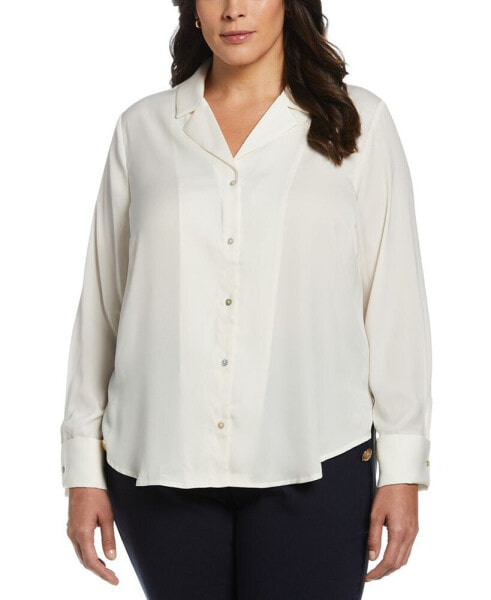 Plus Size Notch Collar Silk Long Sleeve Button-Down Blouse