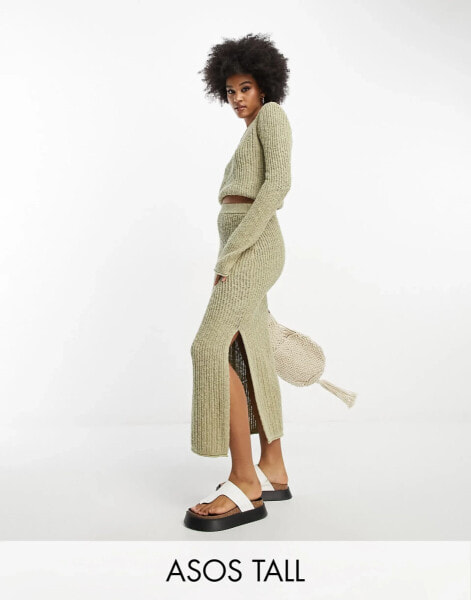 ASOS DESIGN Tall knitted maxi skirt in textured ladder stitch in khaki co-ord