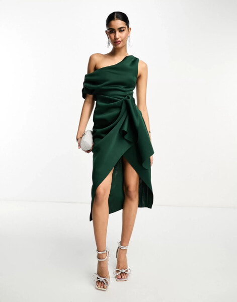 ASOS DESIGN fallen shoulder manipulated tuck bodycon midi dress in forest green