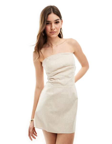 SNDYS linen bandeau ruched detail mini dress in stone