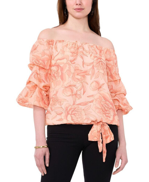 Women's Floral Off The Shoulder Bubble Sleeve Tie Front Blouse