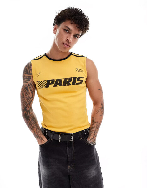 COLLUSION Football vest top in yellow with Paris print