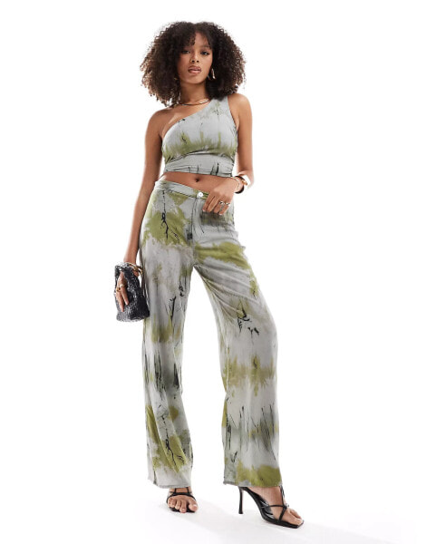 Pull&Bear wide leg trouser co-ord in brown tie dye print