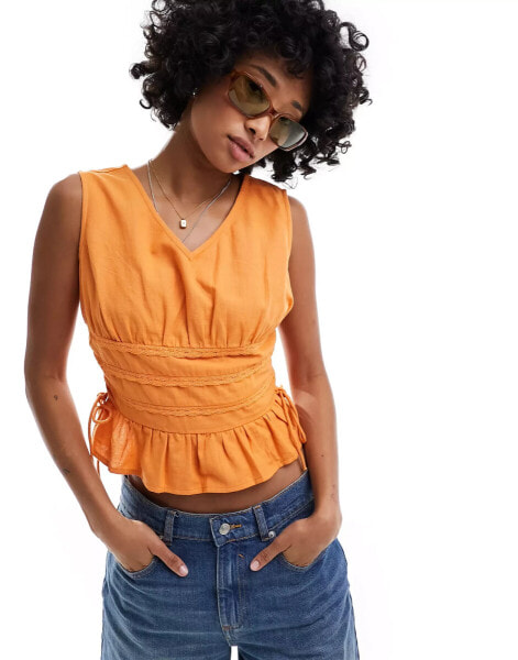 Native Youth lace detail linen mix blouse in orange