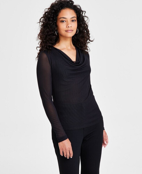 Petite Long-Sleeve Cowlneck Mesh Top, Created for Macy's