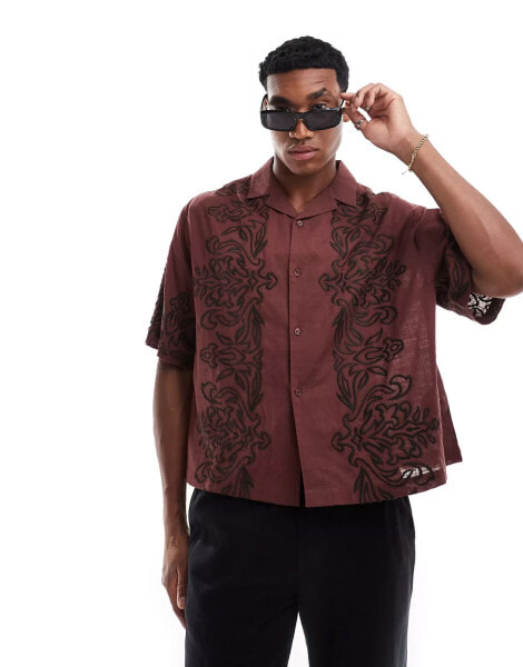 ASOS DESIGN boxy oversized revere shirt with border embroidery in burgundy