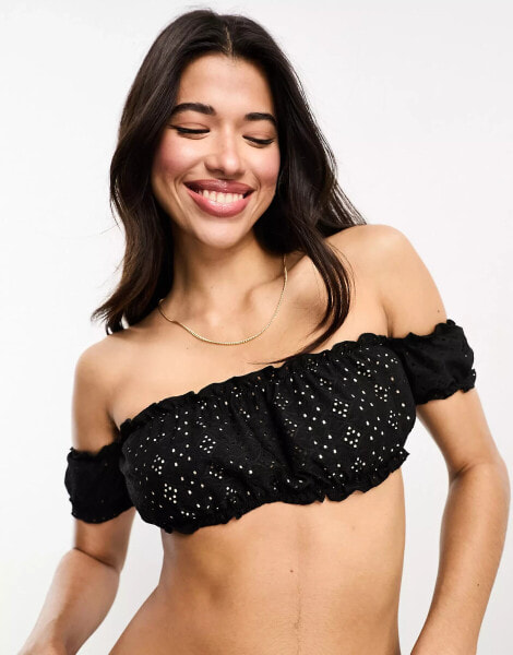 The Frolic mystic bardot off the shoulder frill broderie bikini top in black