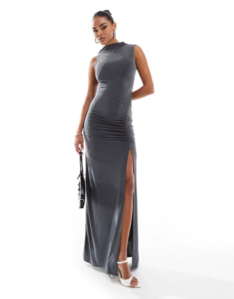 ASOS DESIGN ruched high neck maxi dress in charcoal