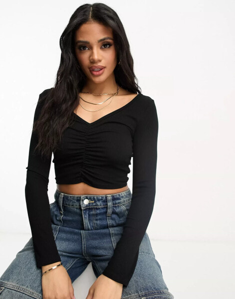 ASOS DESIGN ruched v front and back crop top in black