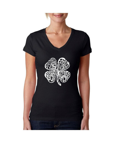 Women's Word Art V-Neck T-Shirt - Feeling Lucky